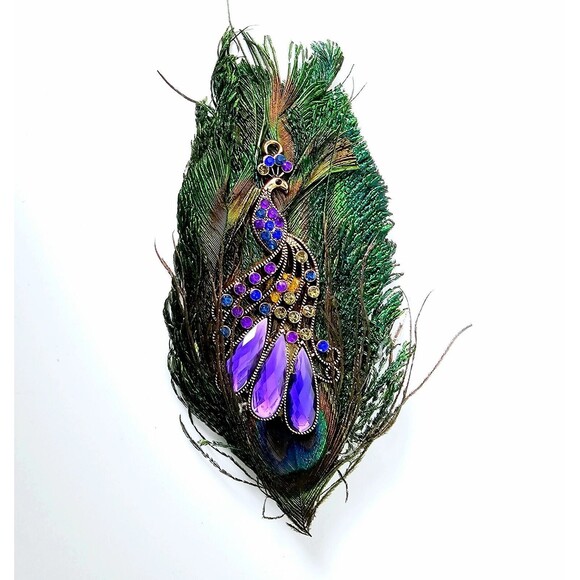 Artisan Peacock Brooch Pin Inlay Crystals Hand Crafted 5.75" Multicolor VTG OOAK - Picture 1 of 8